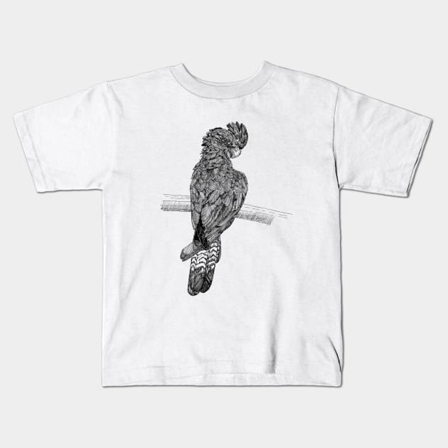 red tailed black cockatoo scientific nature black ink pen drawing illustration Kids T-Shirt by DamiansART